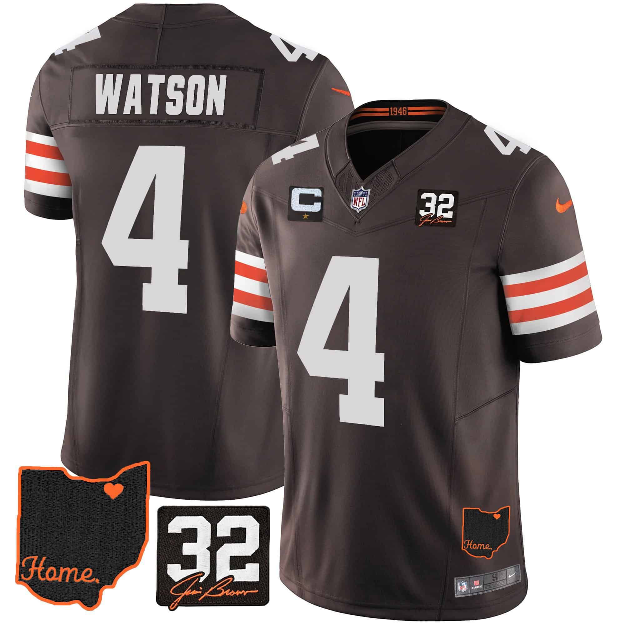 Men Cleveland Browns #4 Watson Brown Memorial Home Patch 2024 Nike NFL Jersey style 1